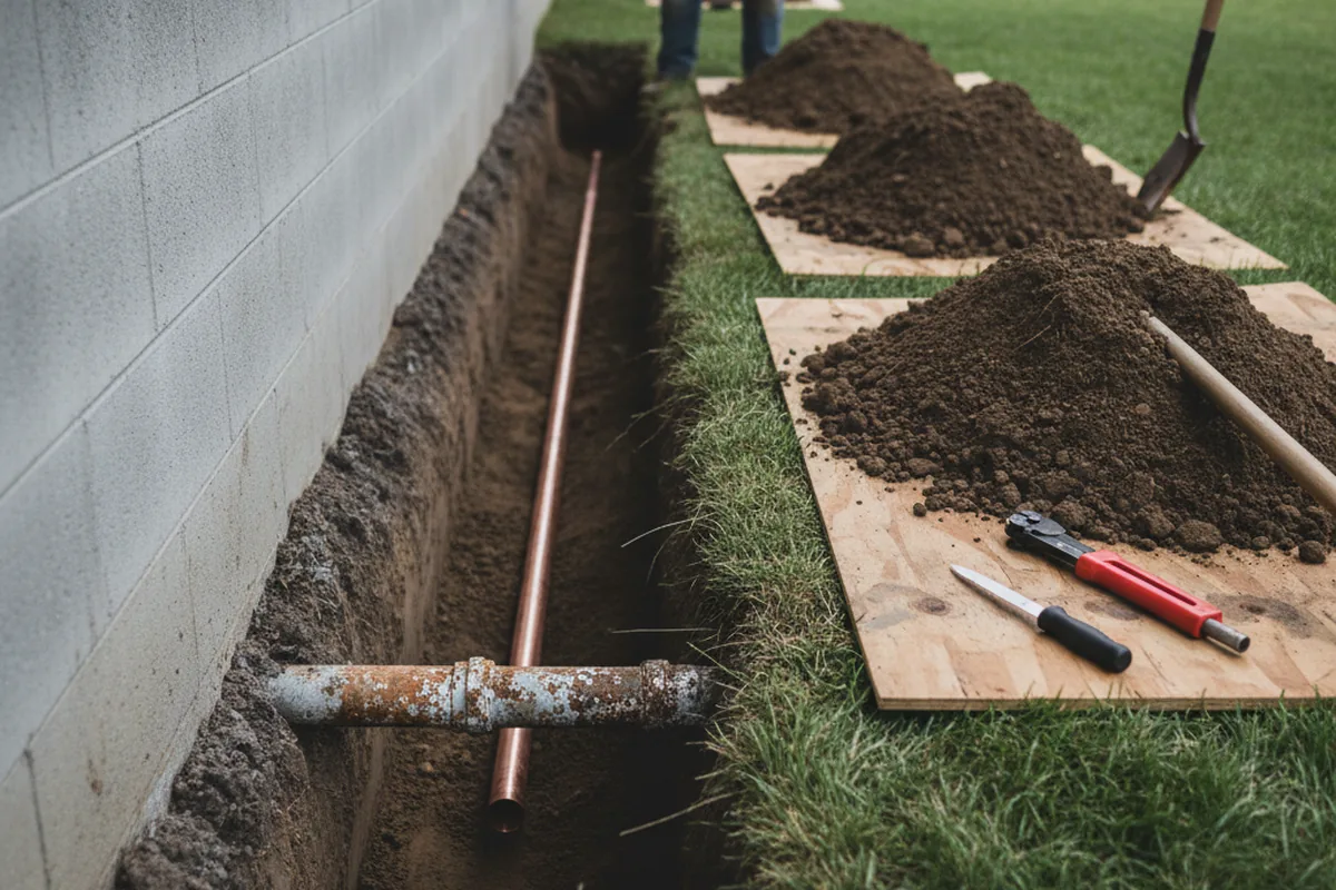 Excavated water line trench during Water Heater Repair in Margaret